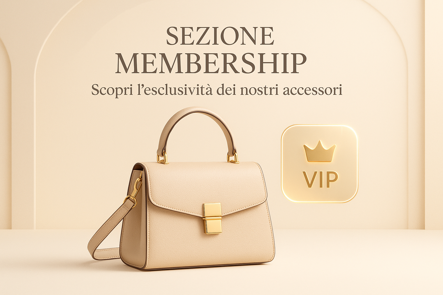 A premium fashion e-commerce banner featuring an elegant women’s handbag in the spotlight. Minimalist but luxurious background with soft beige and pastel tones, accented by gold details. The design should include a subtle membership vibe (VIP card, crown, or glowing badge) to suggest exclusivity. Bright, modern, eye-catching style with soft shadows. Perfect for a “Membership Section” on a women’s accessories store, conveying elegance, trust, and exclusivity. all text if any, should be in italian language.