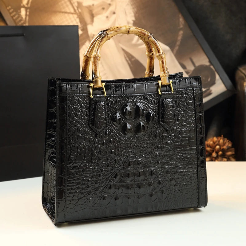 Borsa Donna Bamboo in Pelle con Motivo Coccodrillo