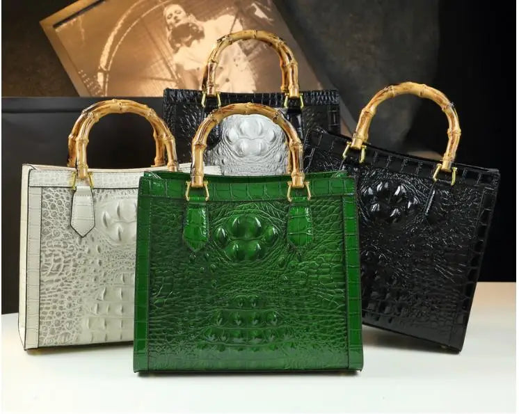 Borsa Donna Bamboo in Pelle con Motivo Coccodrillo