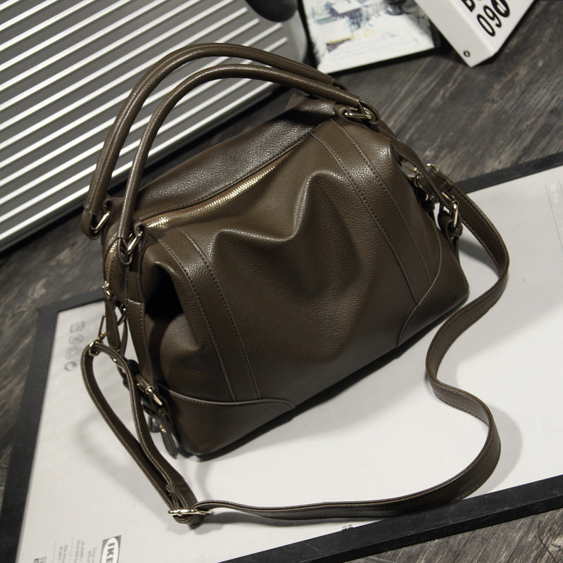 Ladies One-shoulder Diagonal Fashion Cowhide Boston Bag