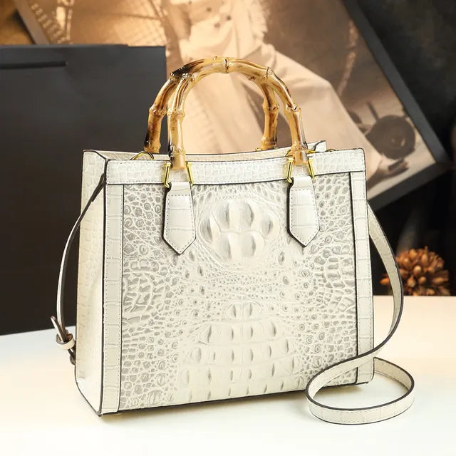 Borsa Donna Bamboo in Pelle con Motivo Coccodrillo