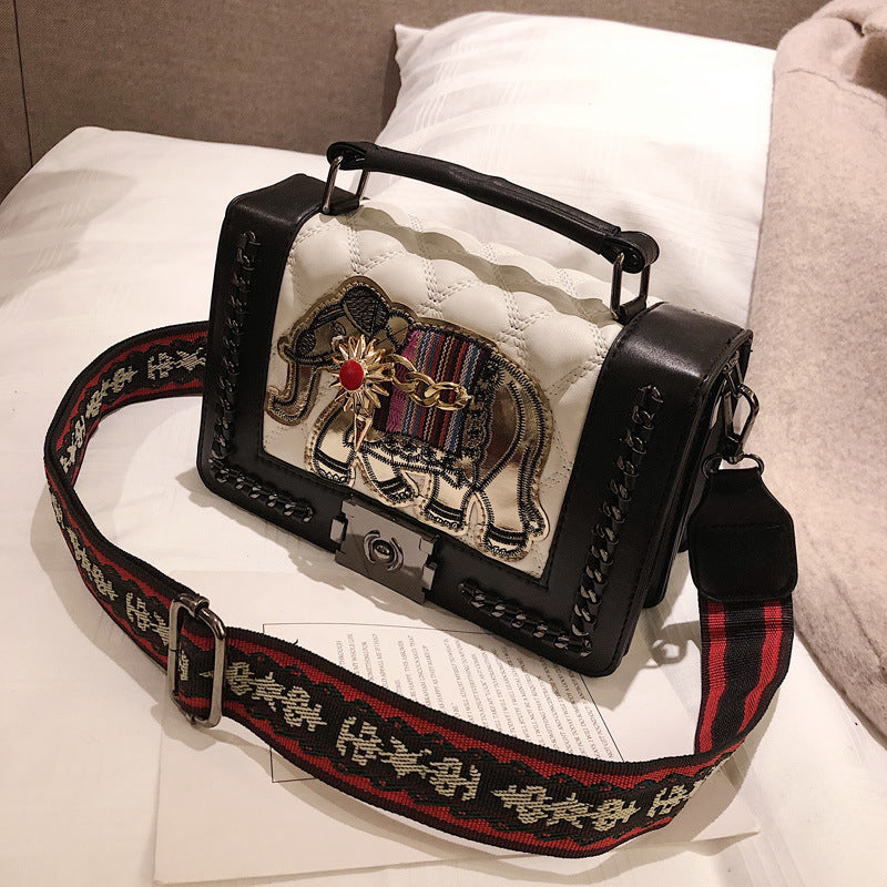Embroidered elephant wide shoulder strap crossbody bag