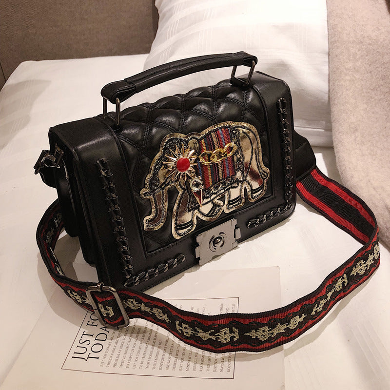 Embroidered elephant wide shoulder strap crossbody bag