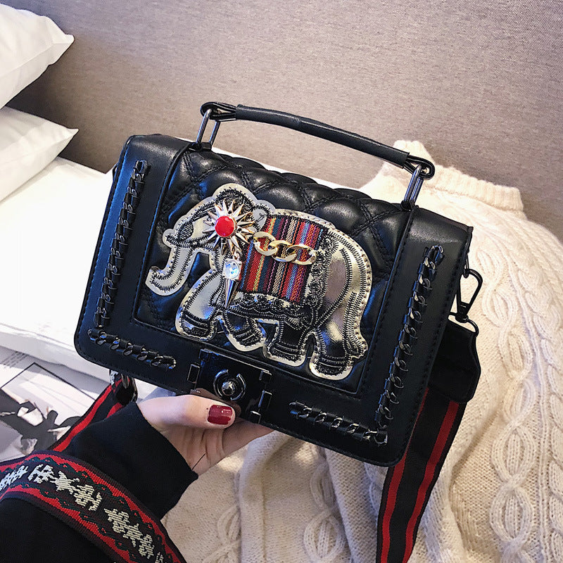 Embroidered elephant wide shoulder strap crossbody bag
