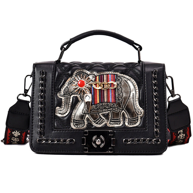 Embroidered elephant wide shoulder strap crossbody bag