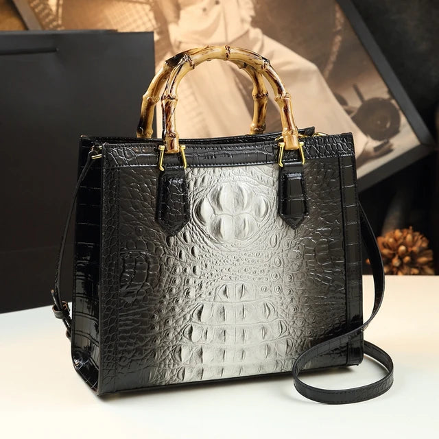 Borsa Donna Bamboo in Pelle con Motivo Coccodrillo