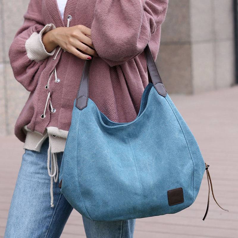Borsa Grande Donna Canvas con Tasche e Zip Elegante