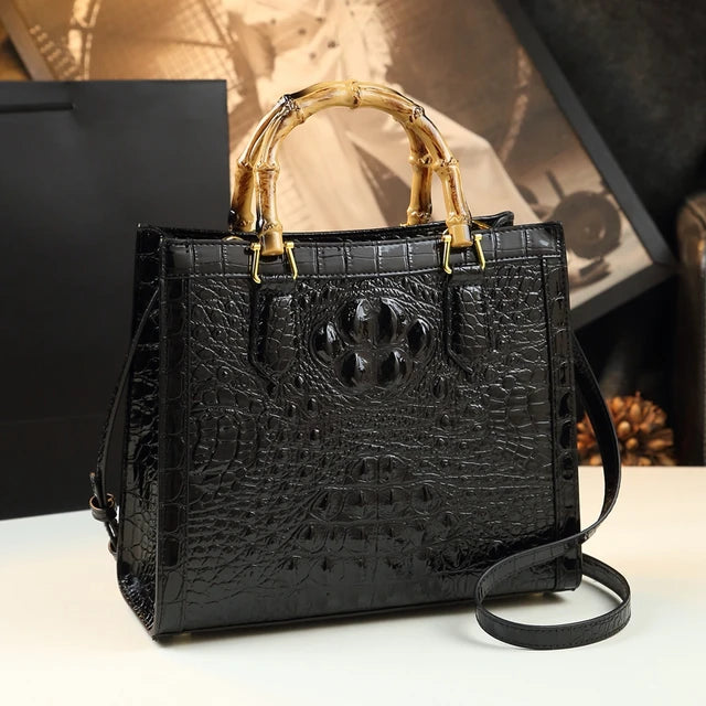 Borsa Donna Bamboo in Pelle con Motivo Coccodrillo