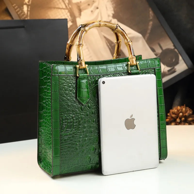 Borsa Donna Bamboo in Pelle con Motivo Coccodrillo