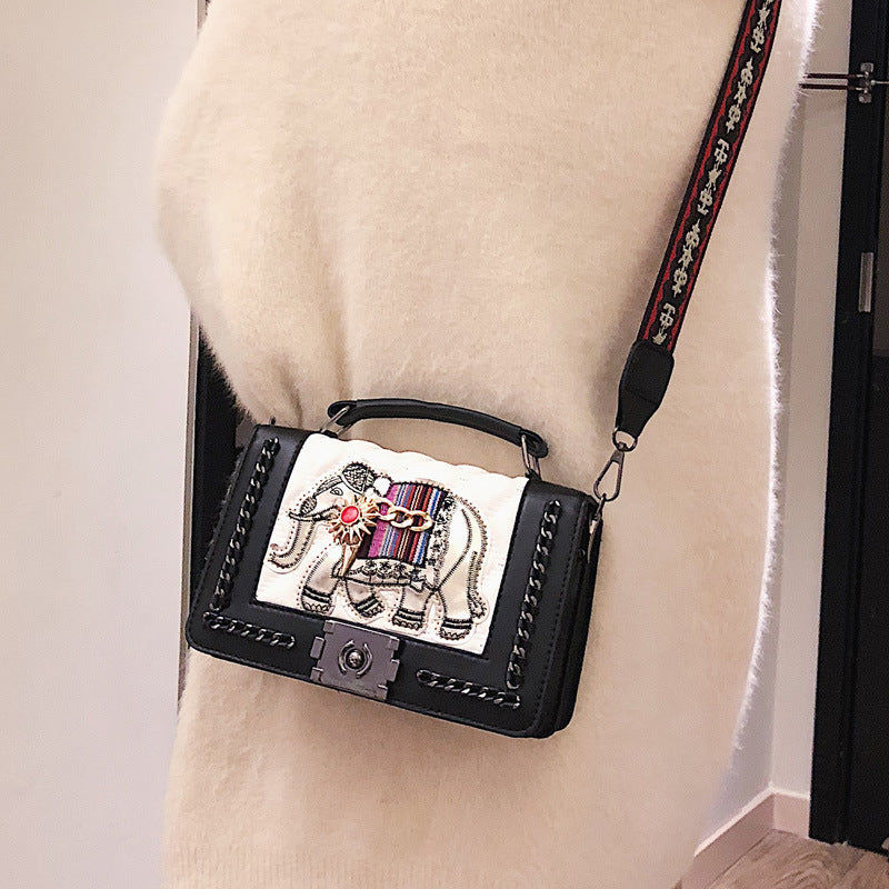 Embroidered elephant wide shoulder strap crossbody bag