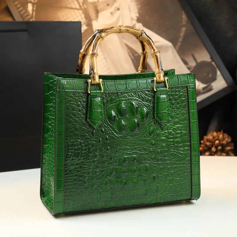 Borsa Donna Bamboo in Pelle con Motivo Coccodrillo