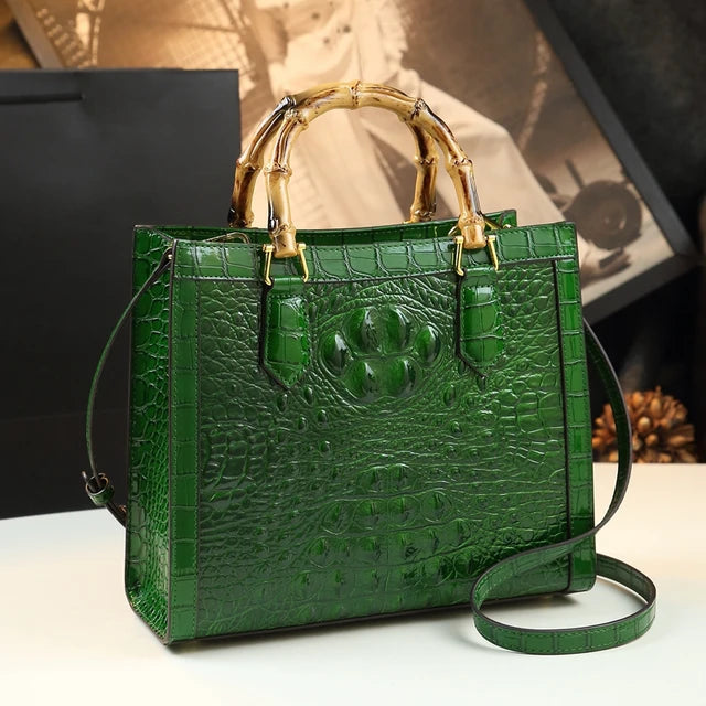 Borsa Donna Bamboo in Pelle con Motivo Coccodrillo