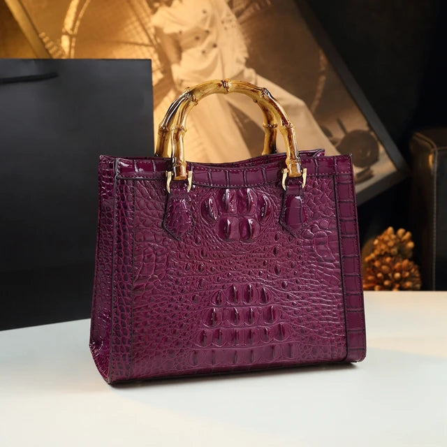 Borsa Donna Bamboo in Pelle con Motivo Coccodrillo