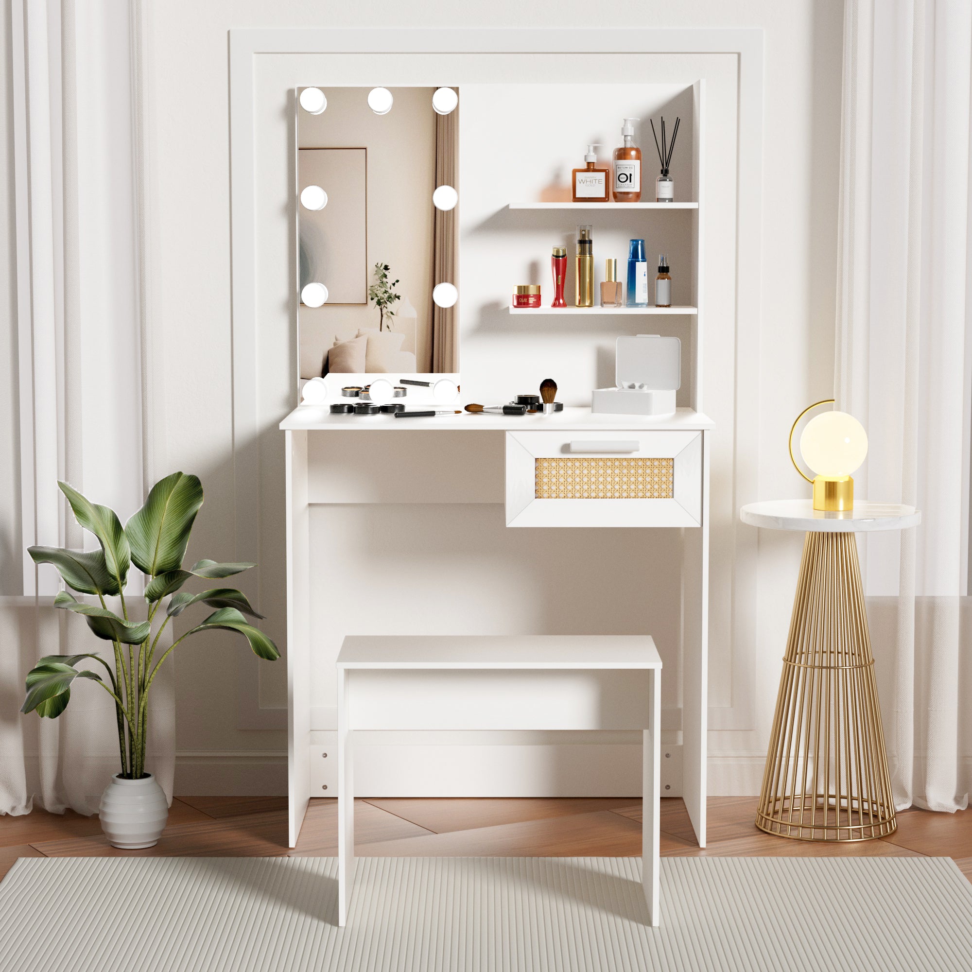 Vanity Desk Set Stool & Dressing Table with LED Lighting Mirror Drawer and Wood Cosmetic Table Chest of Drawers White Color