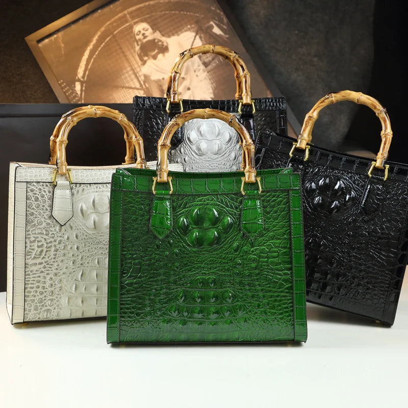 Borsa Donna Bamboo in Pelle con Motivo Coccodrillo