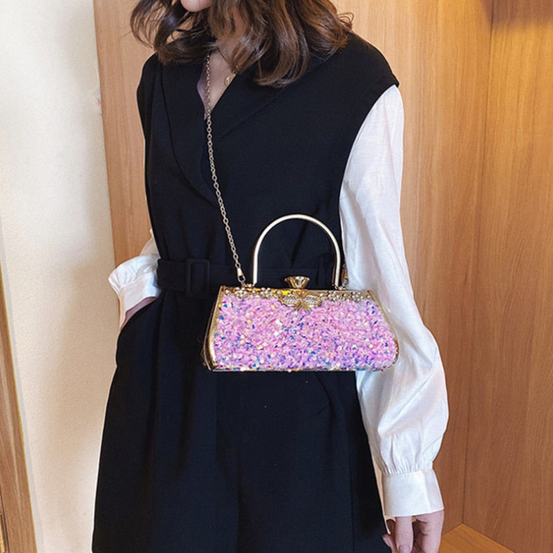 Pochette Elegante Nera Donna con Strass e Paillettes