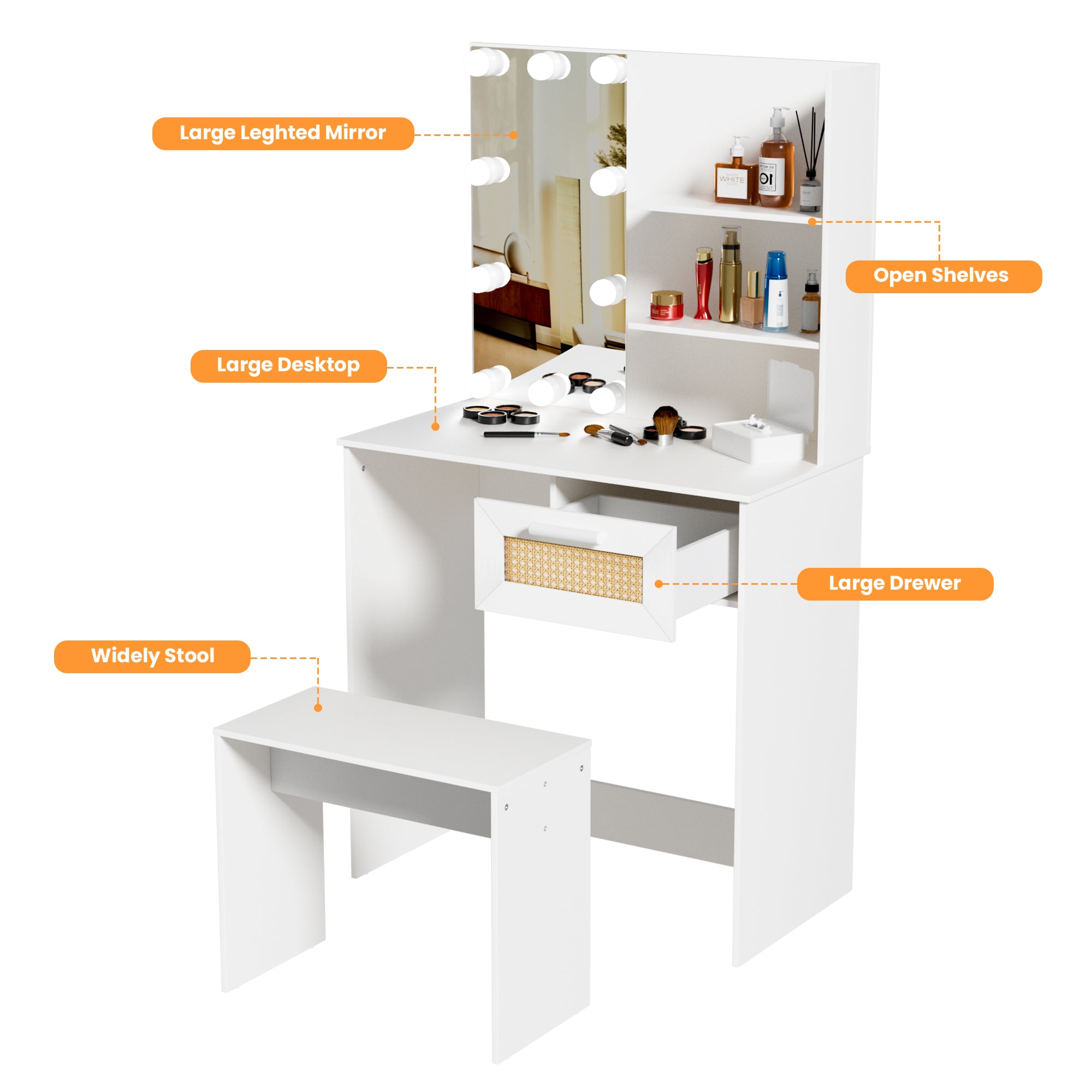Vanity Desk Set Stool & Dressing Table with LED Lighting Mirror Drawer and Wood Cosmetic Table Chest of Drawers White Color