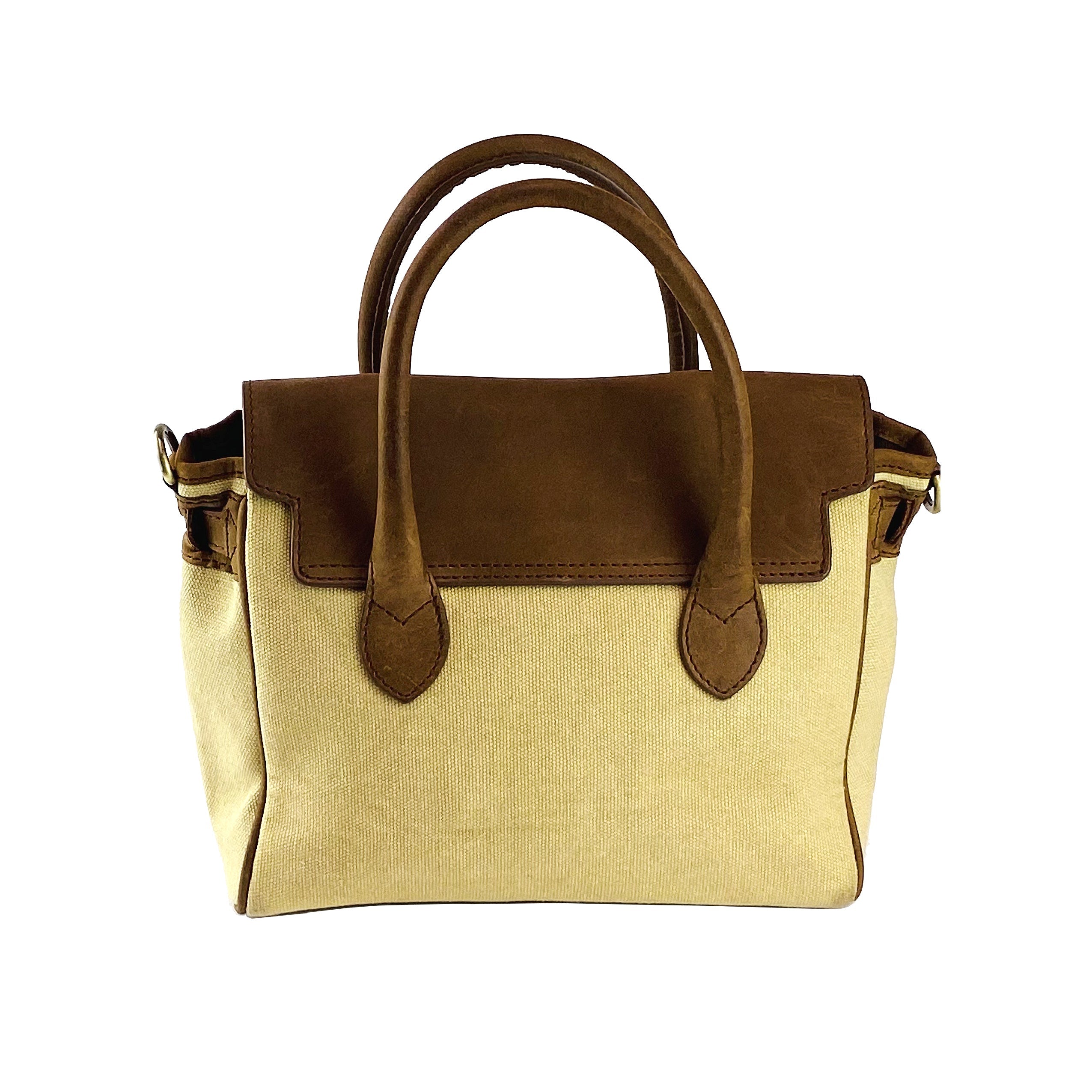 K0042ALCB | Borsa a Mano Mini in Canvas/Vera Pelle Made in Italy. Tracolla removibile. Attacchi con moschettoni in metallo Ottone Anticato - Colore Corda - Dimensioni: cm 24 x 20 x 12-4
