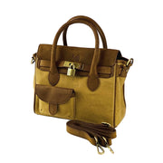 K0042BACB | Borsa a Mano Mini in Canvas/Vera Pelle Made in Italy. Tracolla removibile. Attacchi con moschettoni in metallo Ottone Anticato - Colore Nocciola - Dimensioni: cm 24 x 20 x 12-0