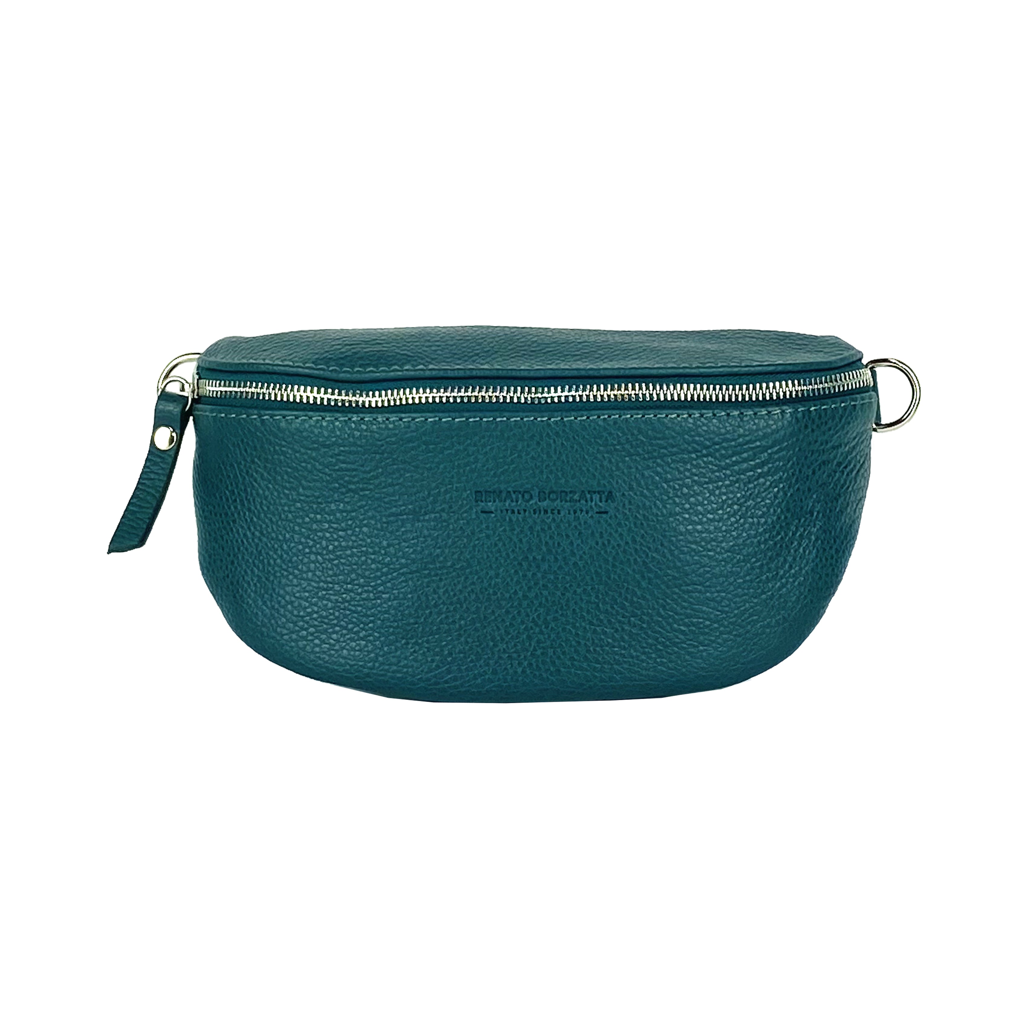 RB1015BZ | Marsupio con tracolla removibile in Vera Pelle Made in Italy. Attacchi con moschettoni in metallo Nickel Lucido - Colore Ottanio - Dimensioni: 24 x 14 x 7-1