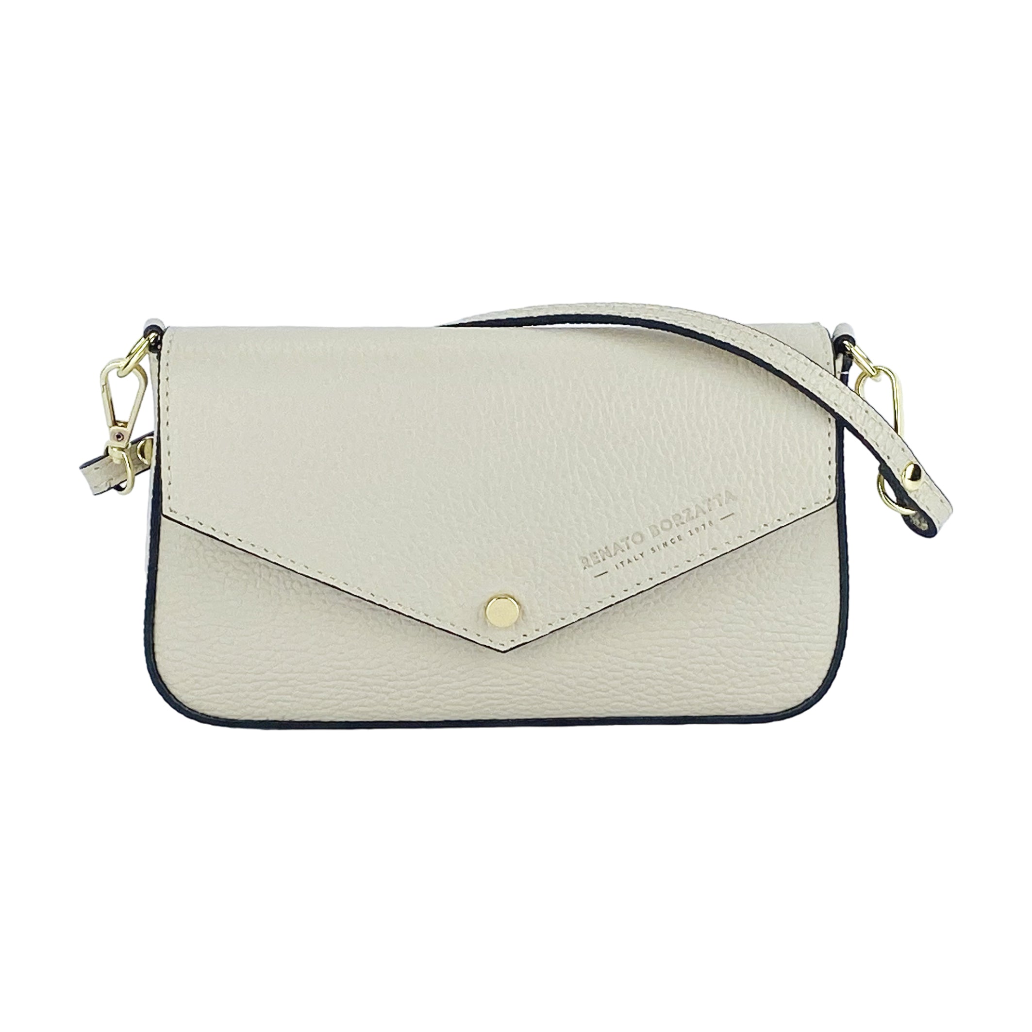 RB1023AB | Borsa piccola a Spalla con Tracolla a catena removibile in Vera Pelle Made in Italy. Pattina di Chiusura. Accessori in metallo Oro Lucido - Colore Avorio - Dimensioni: cm 22 x 12 x 3-1