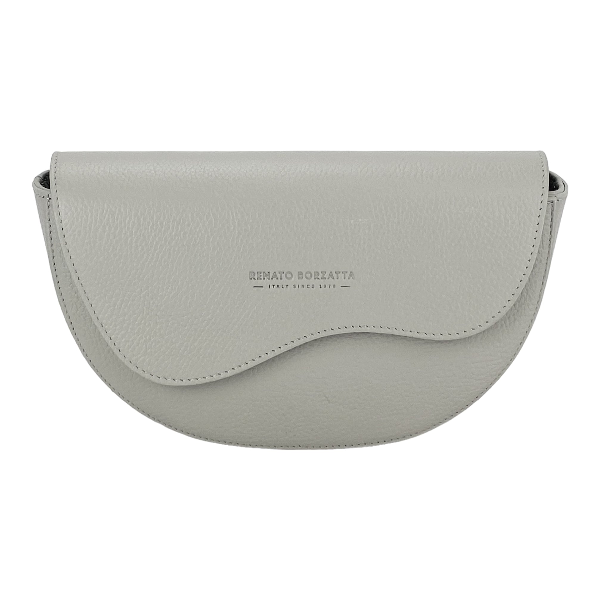 RB1027BO  | Borsa Donna a Bandoliera stondata in Vera Pelle Made in Italy. Tracolla removibile e regolabile in pelle. Accessori Nickel Lucido - Colore Ghiaccio - Dimensioni: cm 25 x 15 x 9-1