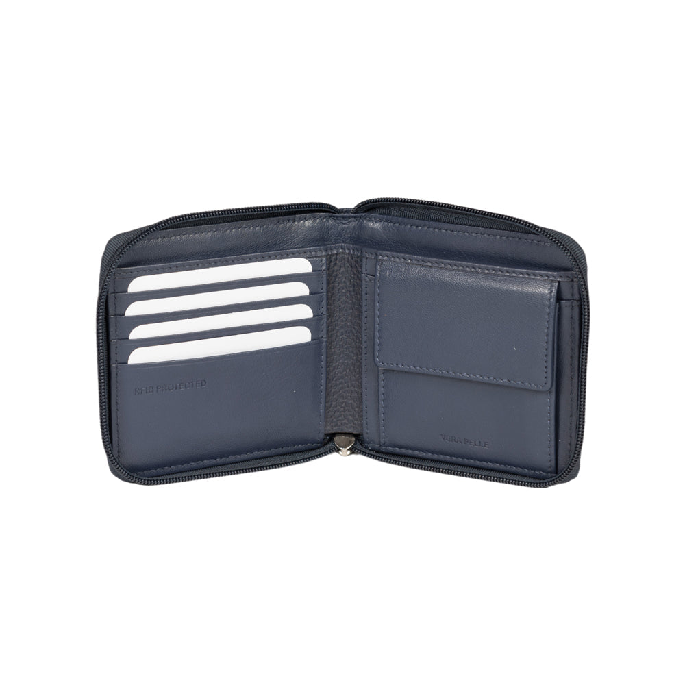 RB12175D | Portafogli con Lampo in Vera Pelle pieno fiore, grana dollaro/leggera. Colore Blu. Protezione RFID. Dimensioni da chiuso: cm 11,5 x 10,5 x 2. Confezione: Scatola regalo fondo/coperchio-1
