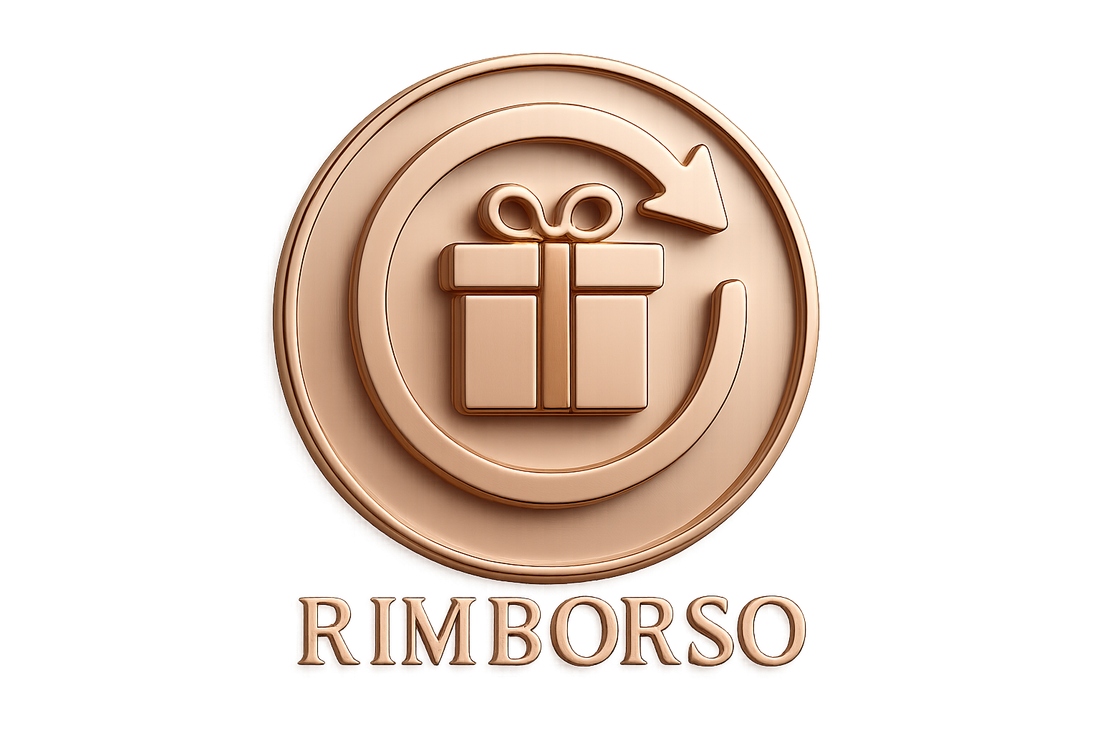 A modern 3D icon depicting a circular arrow or refresh symbol with a gift box or refund symbol integrated. Soft metallic finish, high gloss, subtle shadows. Use brand-coordinated colors (beige, rose gold, nude) with a clean, premium look. Ideal for “Refund / Reso / Rimborso” trust badge on a fashion accessories store. all text should be in Italian Language