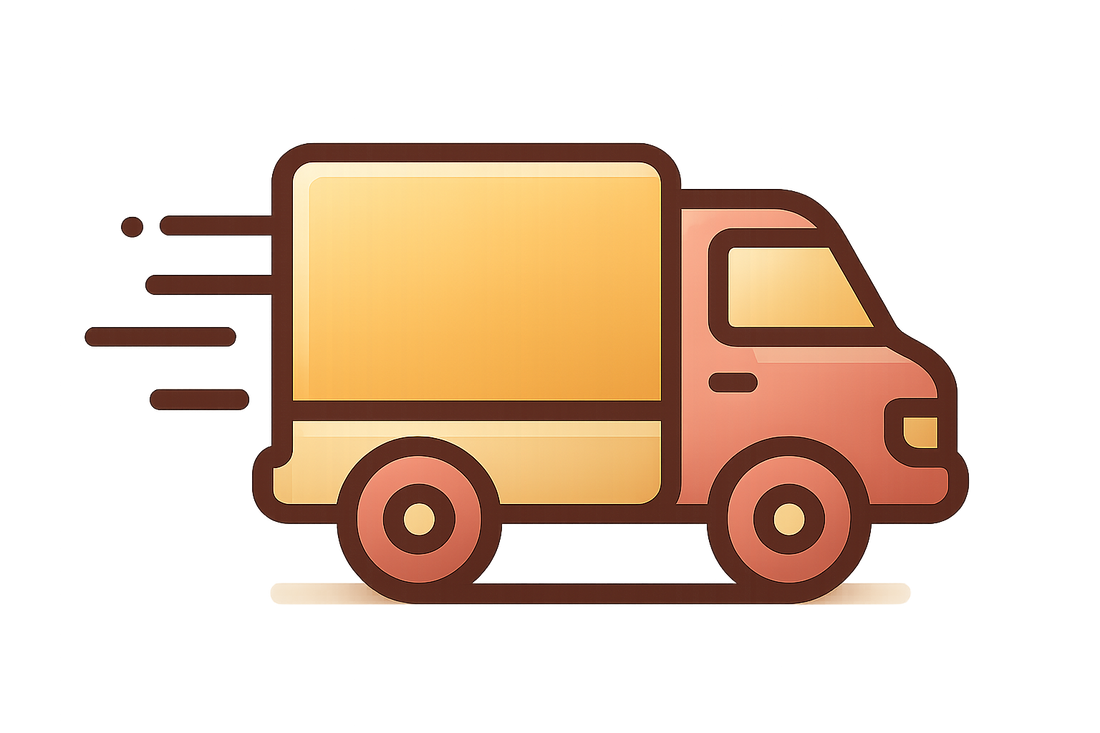 A modern vector-style icon of a delivery truck in motion, designed with bold, attractive colors (beige, gold, and soft rose accents). Minimalist flat design but eye-catching with gradient highlights. Icon communicates speed, reliability, and premium service. Perfect for theme use as a colored trust badge.